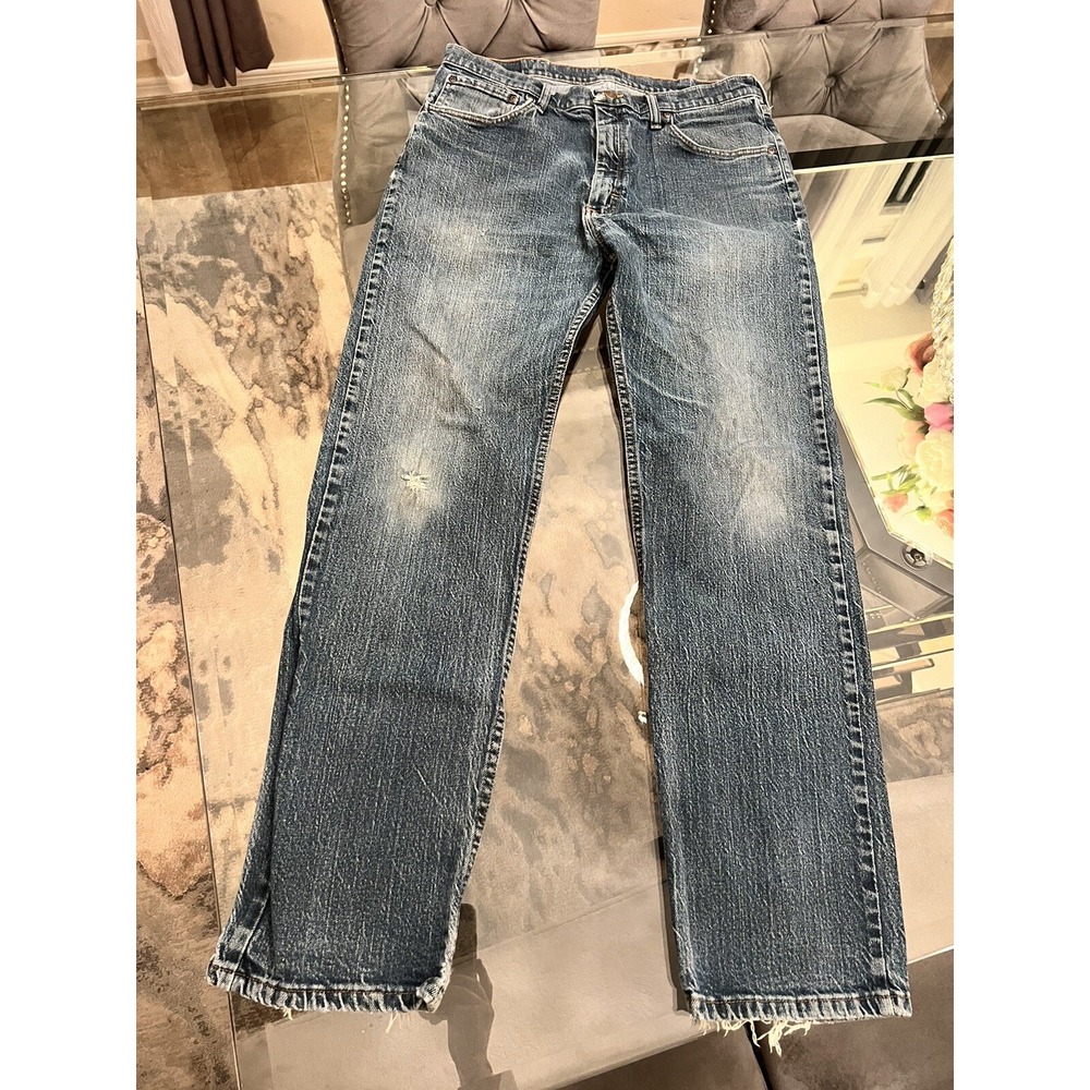 Wrangler‎ Mens 34x32 Regular Fit Denim Jeans Classic Blue Distressed